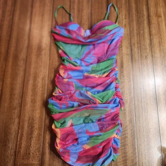 Princess Polly Ruched Mesh Bodycon Mini Dress‎ Abstract Print Strappy - Picture 3 of 9